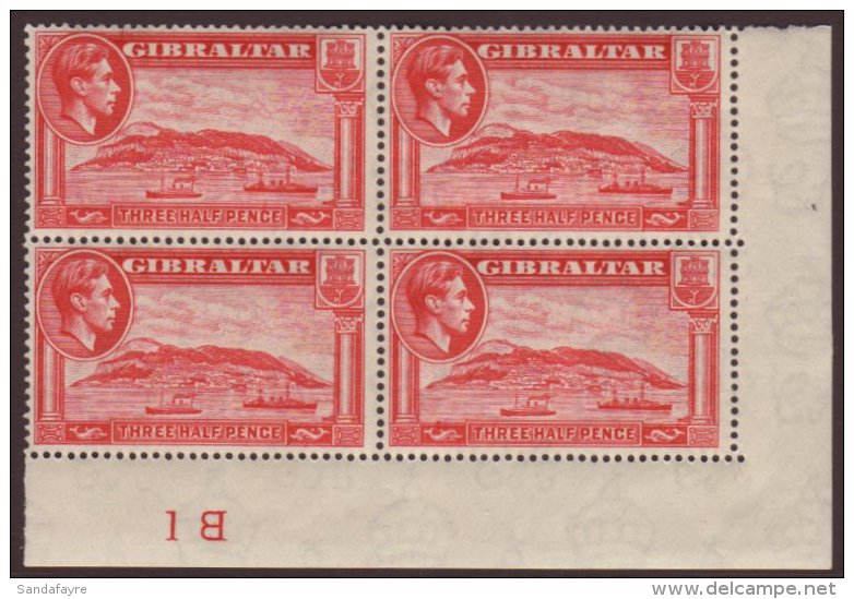 1938-51 1&frac12;d Carmine - Perf 14, SG 123, Never Hinged Mint Corner Cylinder Block Of 4 "B1". Scarce Item (1... - Gibraltar