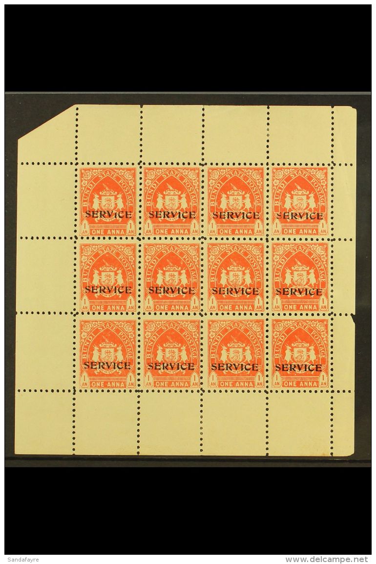 BUNDI OFFICIALS. 1941 1a Orange Red, SG O55, COMPLETE SHEET Of 12 With Selvedge To All Sides. Fine Mint, Ungummed... - Other & Unclassified