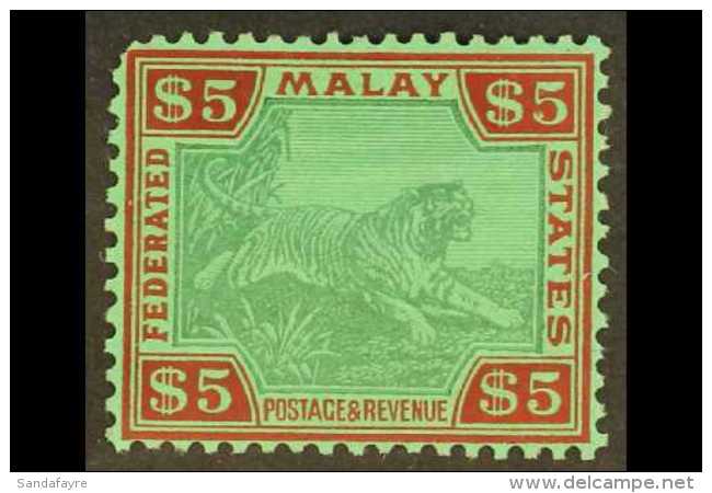 FMS 1934 $5 Green And Red On Green Tiger, SG 81, Lightly Hinged Mint, Rounded Upper Left Corner Perf For More... - Other & Unclassified