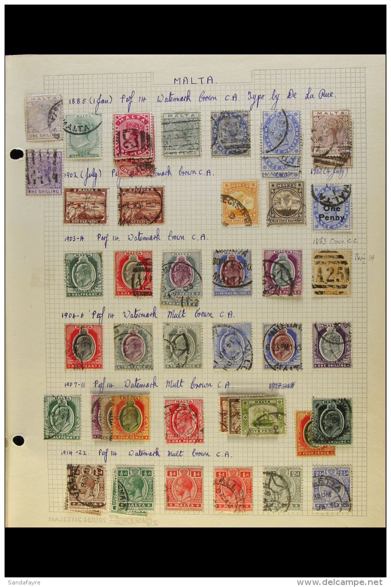 1863-1952 USED COLLECTION Presented On "Busy" Old Interleaved Pages. Includes QV To 1s Shades, KEVII To Various... - Malta (...-1964)