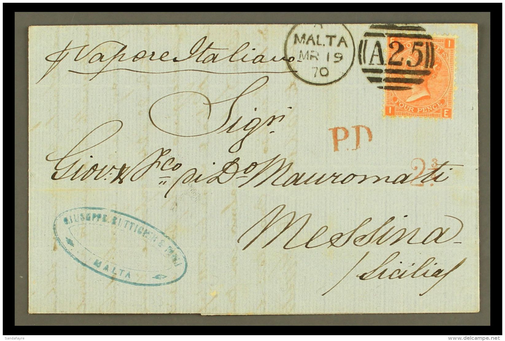 1870 ENTIRE LETTER TO SICILY Bearing Great Britain 4d Plate 11 Tied By "MALTA / A25" Duplex Cancel, Endorsed "via... - Malta (...-1964)