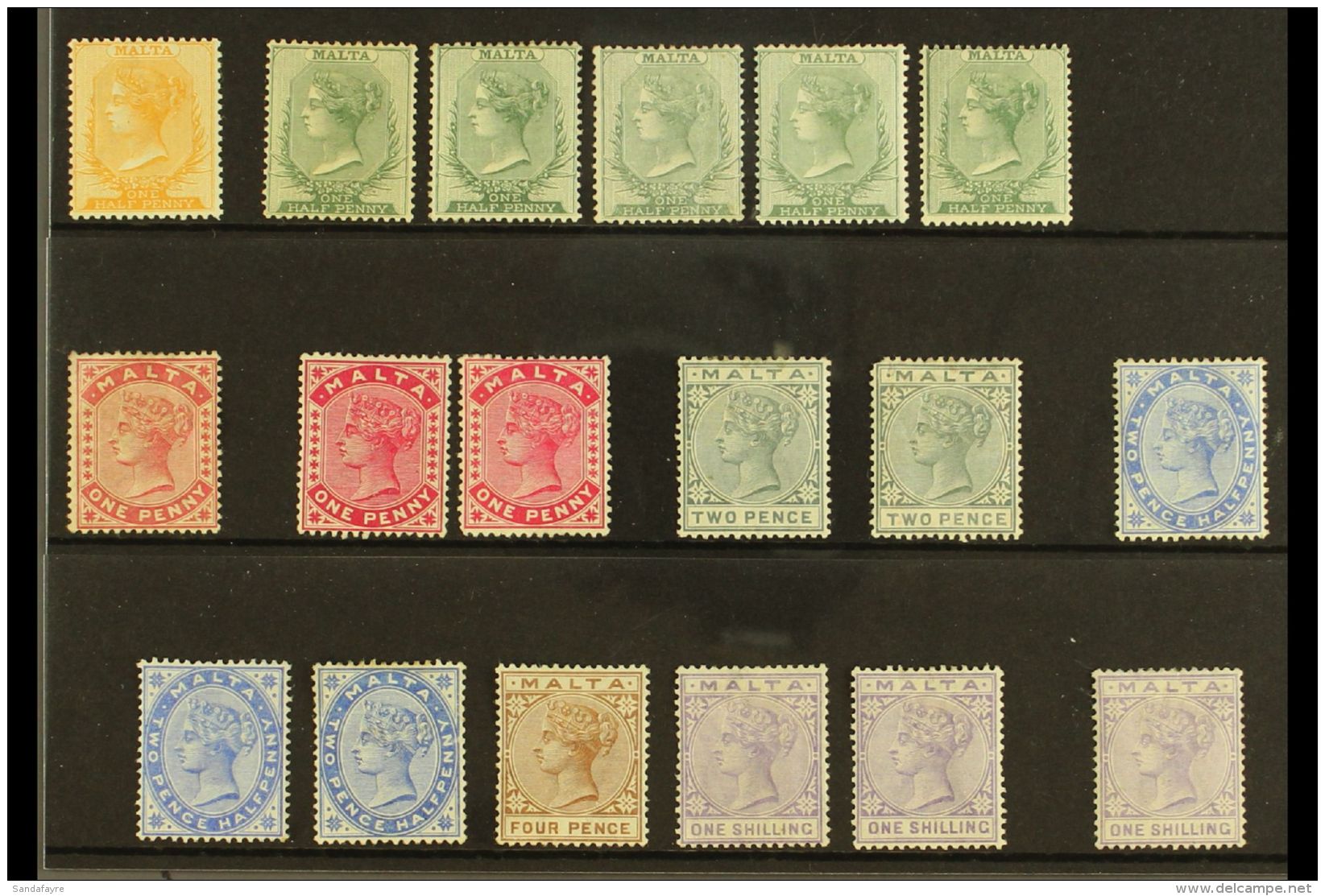 1882-90 CA WMK MINT SELECTION Presented On A Stock Card. Includes 1882 Orange Yellow &frac12;d, 1885-90 Set With A... - Malta (...-1964)