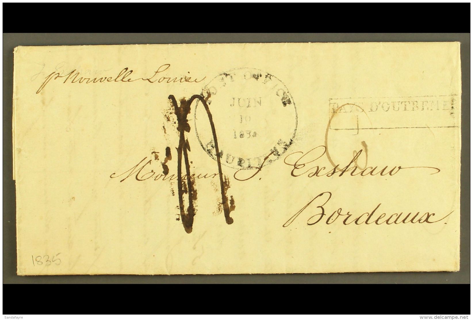 1835 UNIQUE DATESTAMP. 1835 (10 Jun) Entire Letter With Full Contents (French) From Port Louis To Bordeaux,... - Mauritius (...-1967)