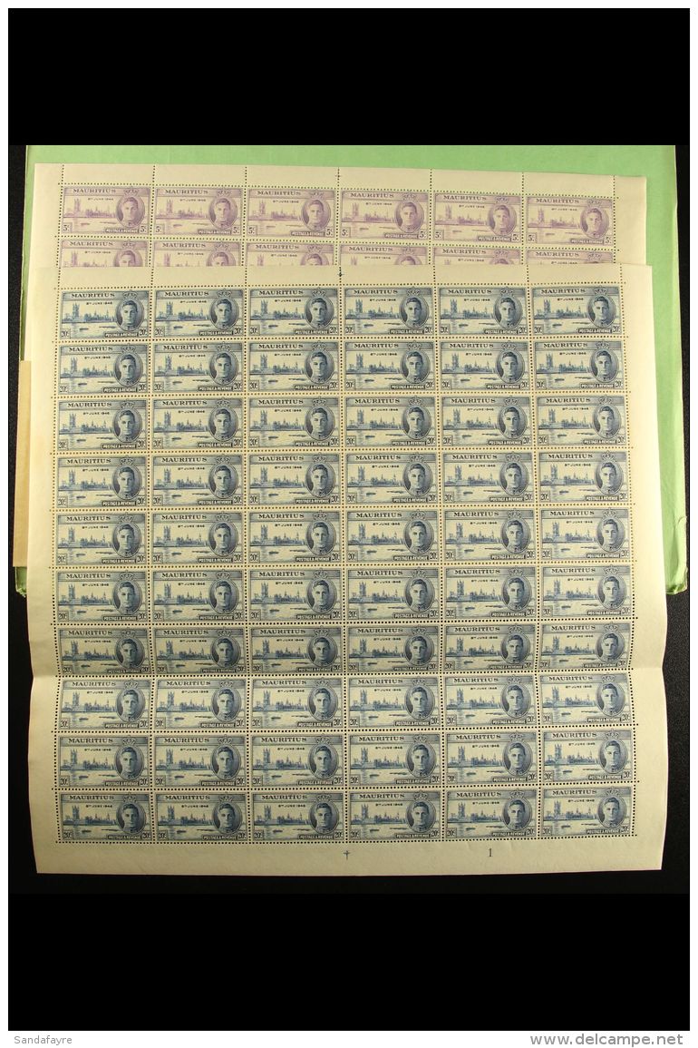 1946 Victory Set, SG 264/65, In COMPLETE SHEETS OF SIXTY, Never Hinged Mint. The 20c Sheet With "Flag On Tower"... - Mauritius (...-1967)