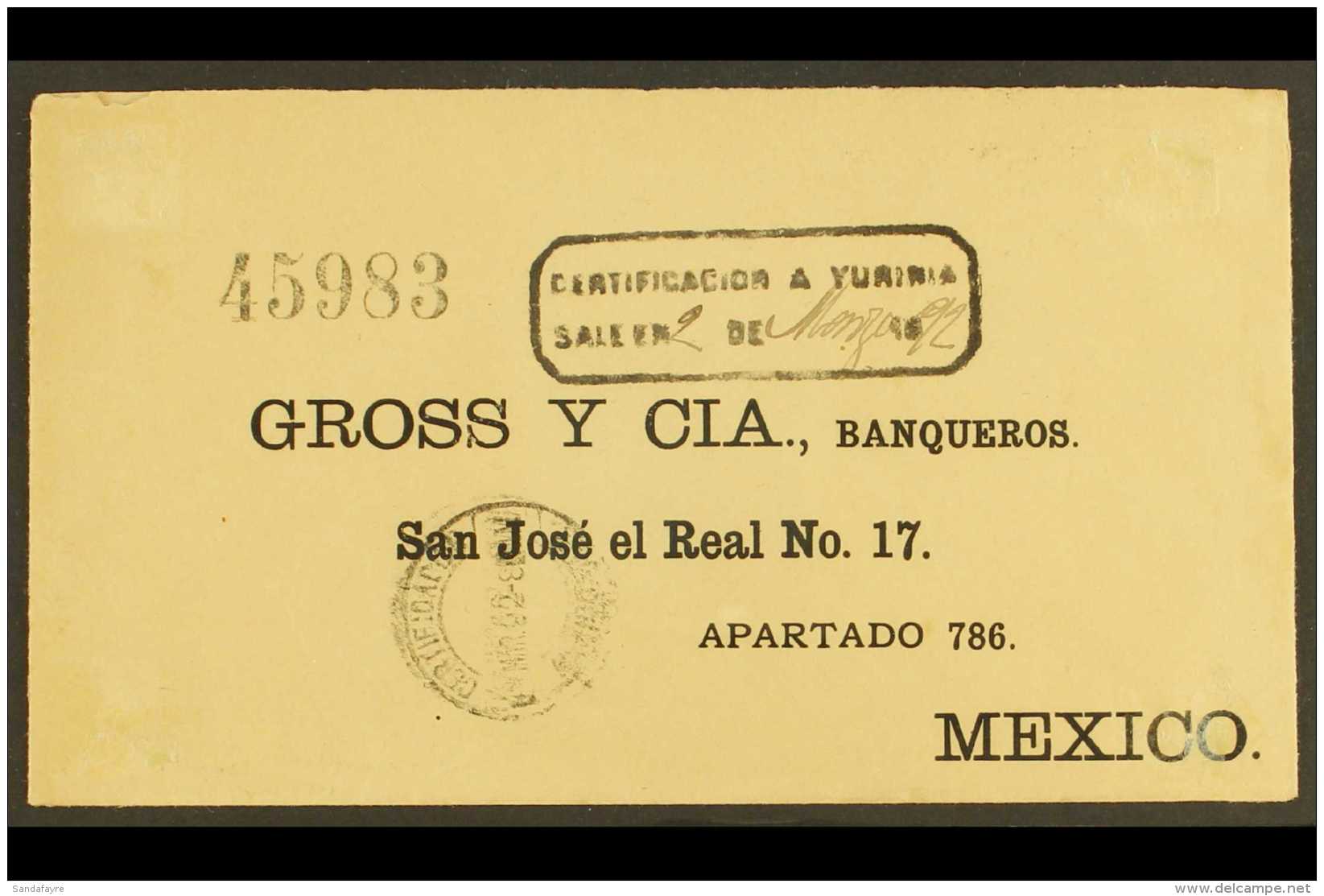 1892 (2 March) Registered Cover Addressed To Cuidad San Jose El Real, Mexico Bearing (on Reverse) 5c Ultramarine,... - Mexico
