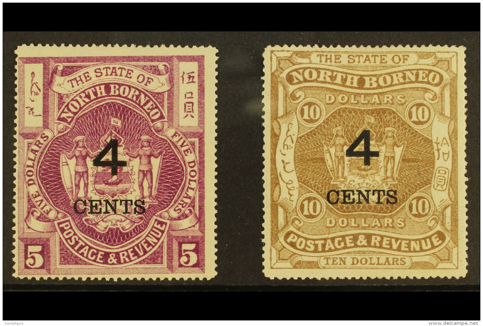 1899 "4 CENT" Surcharge, 4&frac12;mm, On $5 Bright Purple And $10 Brown, SG 123/4, Very Fine Mint. (2 Stamps)  For... - North Borneo (...-1963)