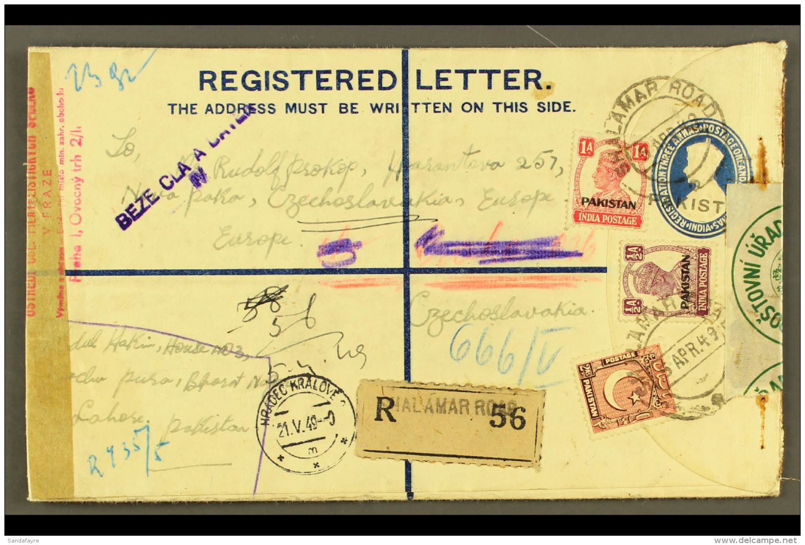 1949 (5 Apr) 1&frac12;a "Pakistan" Opt'd Registered Stationery Envelope From Lahore To Czechoslovakia, Uprated... - Pakistan
