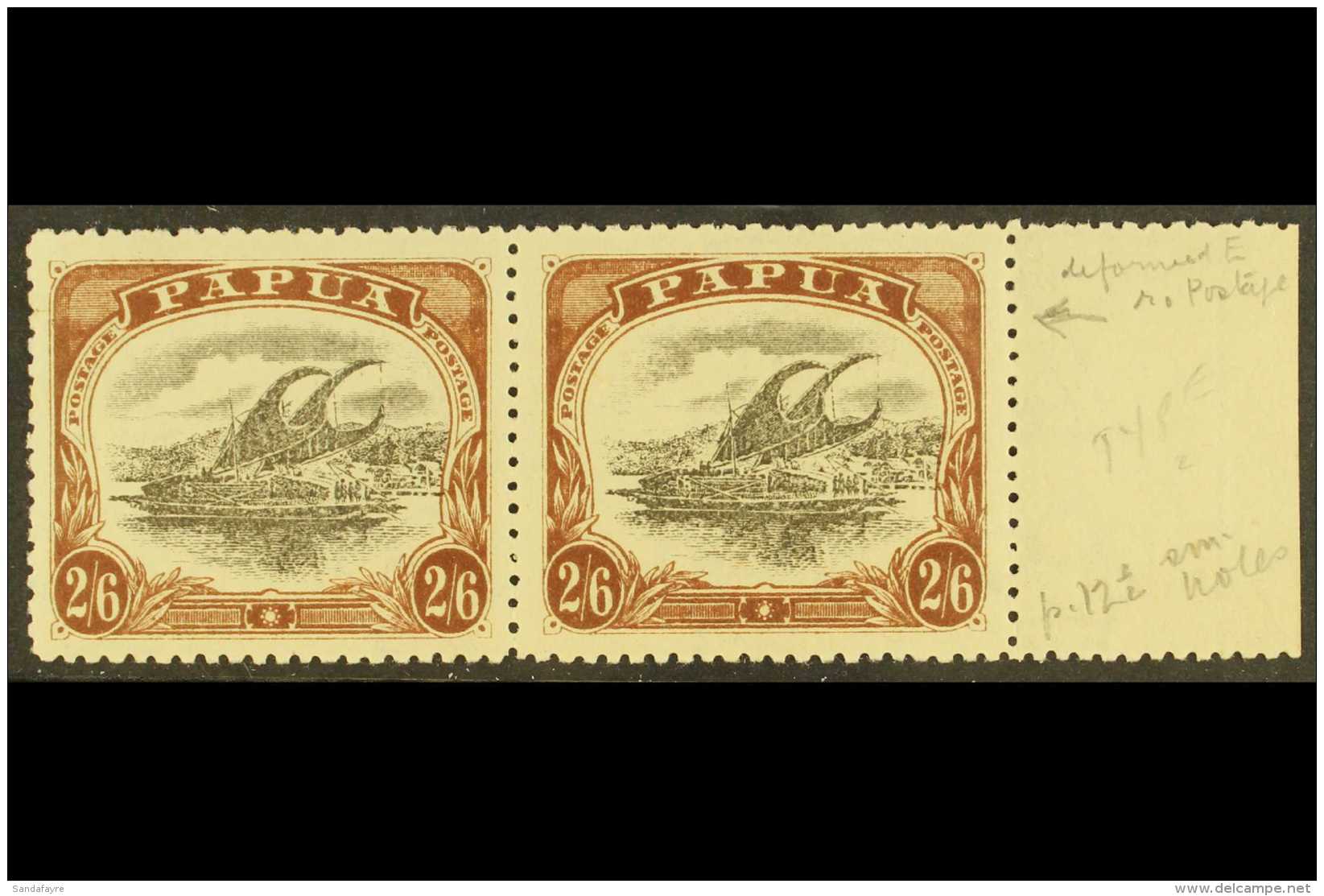 1910-11 2s6d Black &amp; Brown Lakatoi Type C, SG 83, Fine Mint Marginal Pair, One Stamp With DEFORMED "E" AT LEFT... - Papua New Guinea