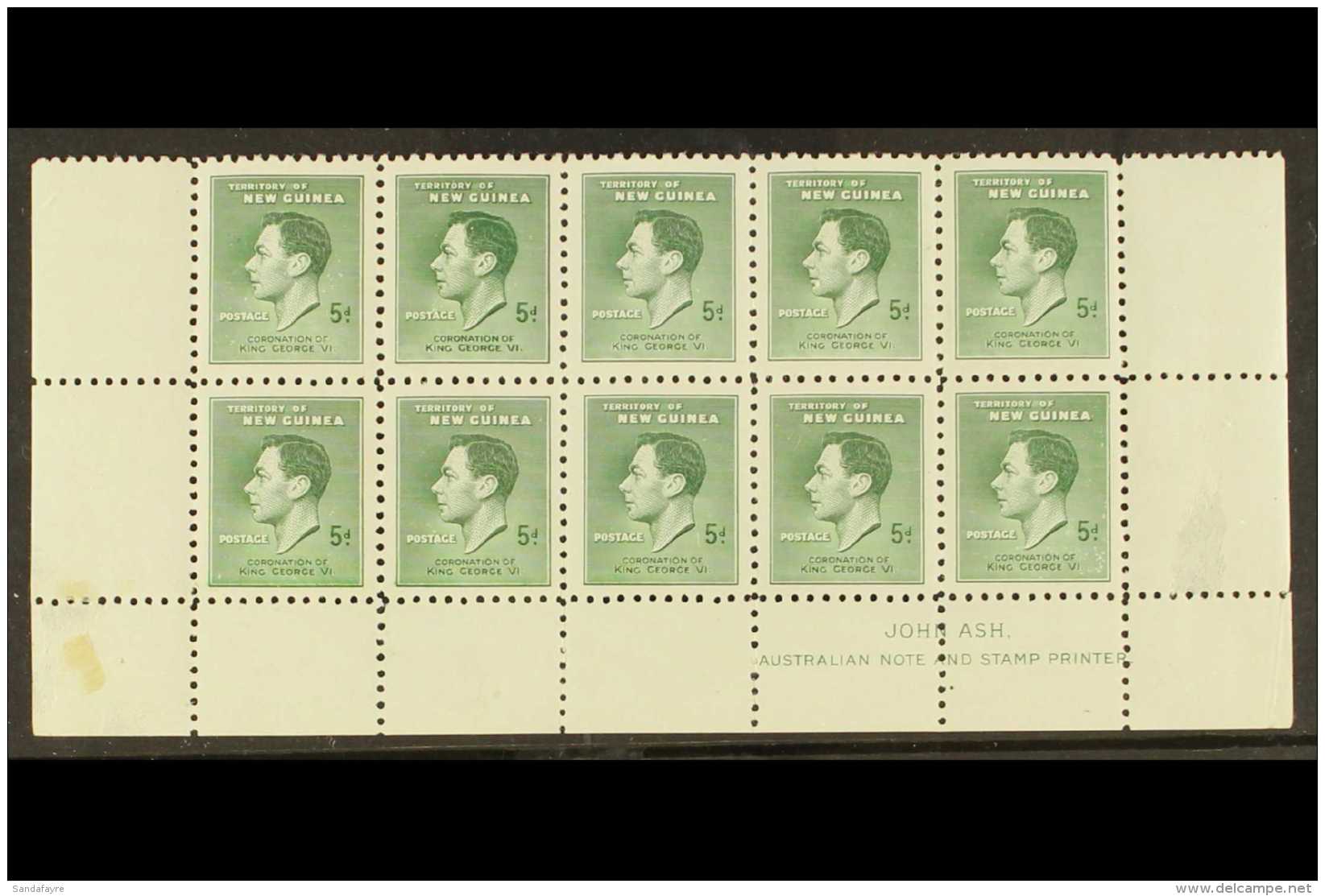 1937 5d Green Coronation With RE-ENTRY Variety, SG 210a, Within A Never Hinged Mint Positional Block Of Ten From... - Papua New Guinea