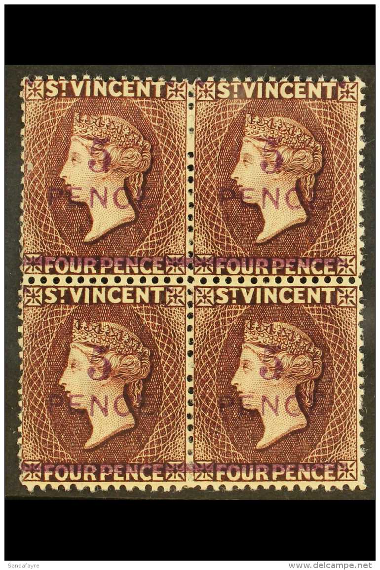 1892 5d On 4d Chocolate, SG 59, Very Fine Mint BLOCK OF FOUR, The Two Lower Stamps Never Hinged. For More Images,... - St.Vincent (...-1979)