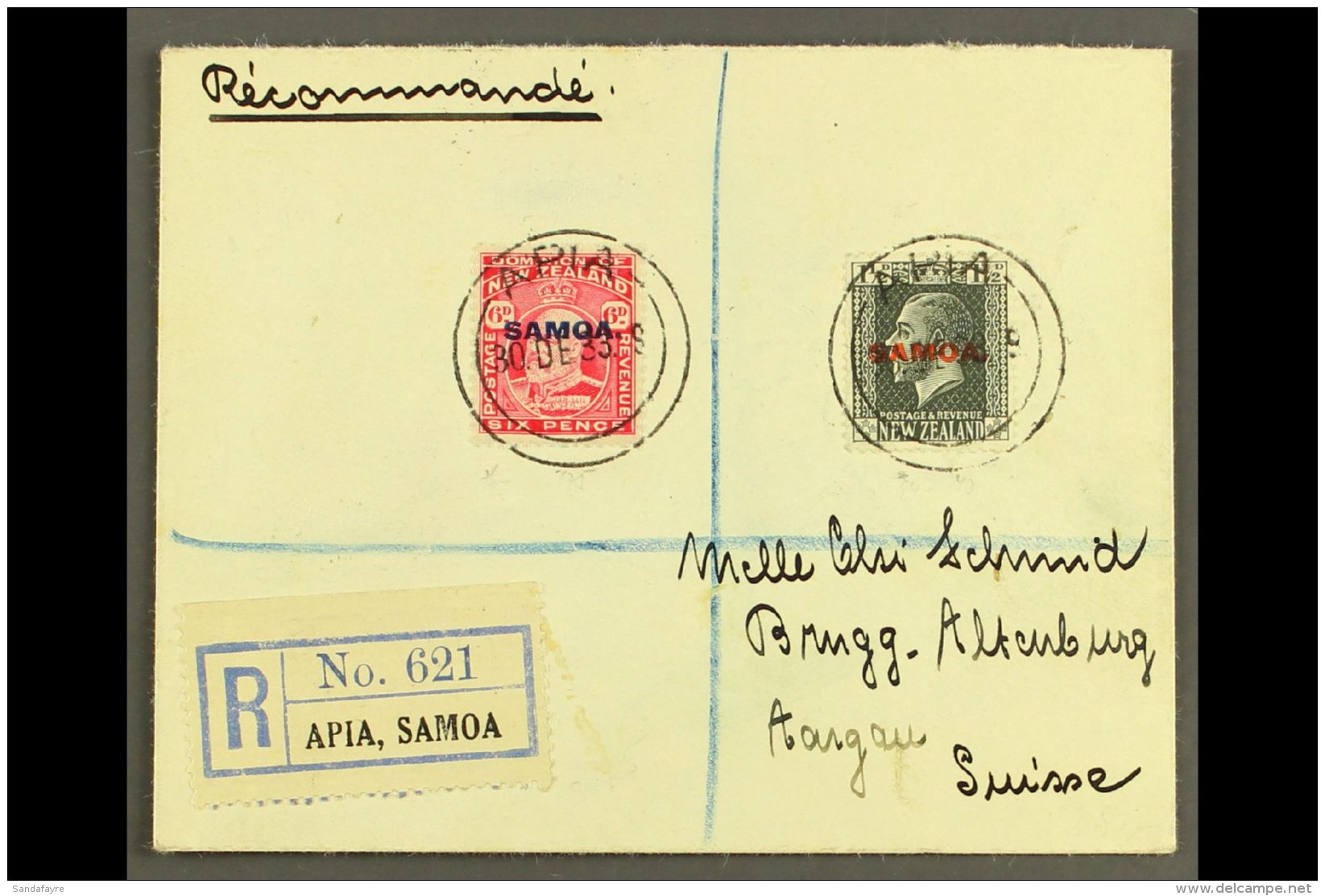 1933 6d Carmine &amp; 1&frac12;d Slate, SG 119, 135, 7&frac12;d Franking On Registered Cover To Switzerland, Tied... - Samoa