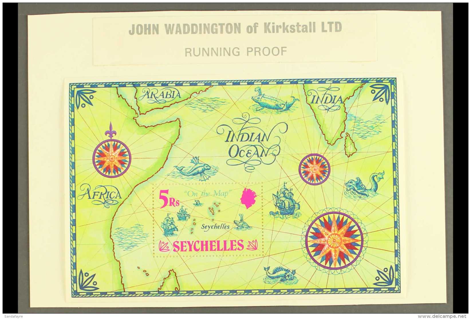 WADDINGTON'S RUNNING PROOF For The 1971 "On The Map" Miniature Sheet, SG MS293, Attached To Proof Card, Very Fine... - Seychelles (...-1976)