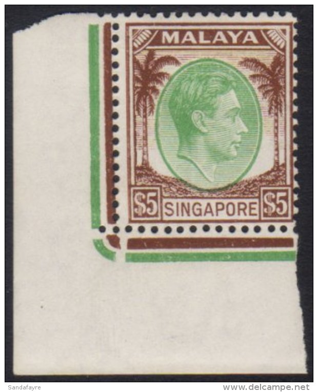 1948 $5 Green And Brown, Perf 14, SG 15, Very Fine Mint, Lower Corner Marginal Example. For More Images, Please... - Singapore (...-1959)