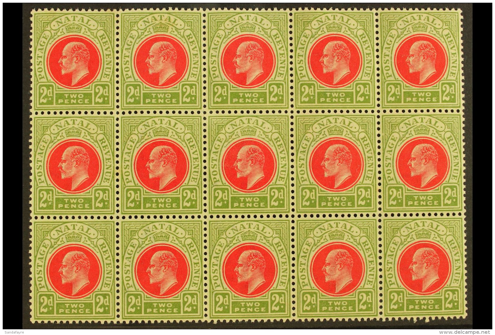 NATAL 1902-03 2d Red &amp; Olive Green, SG 130, BLOCK Of 15 (5 X 3), Never Hinged Mint (15 Stamps) For More... - Unclassified