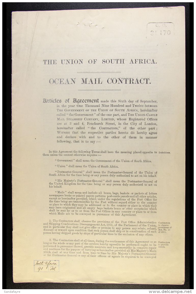 1912 (Sept 6th) OCEAN MAIL CONTRACT Between The Union - Castle Mail Steamship Company Ltd &amp; The Union Of South... - Unclassified