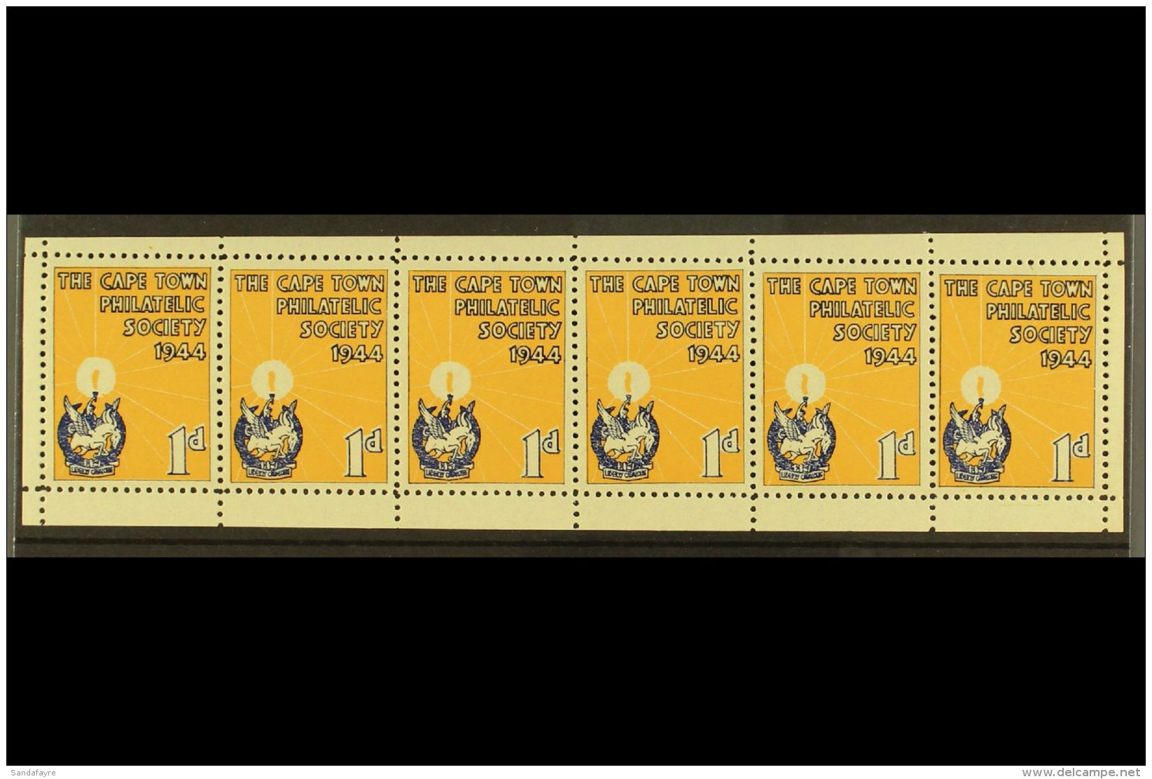 CINDERELLA LABEL 1944 "The Cape Town Philatelic Society" 1d Blue &amp; Buff, Strip Of 6 Labels With Margins All... - Unclassified