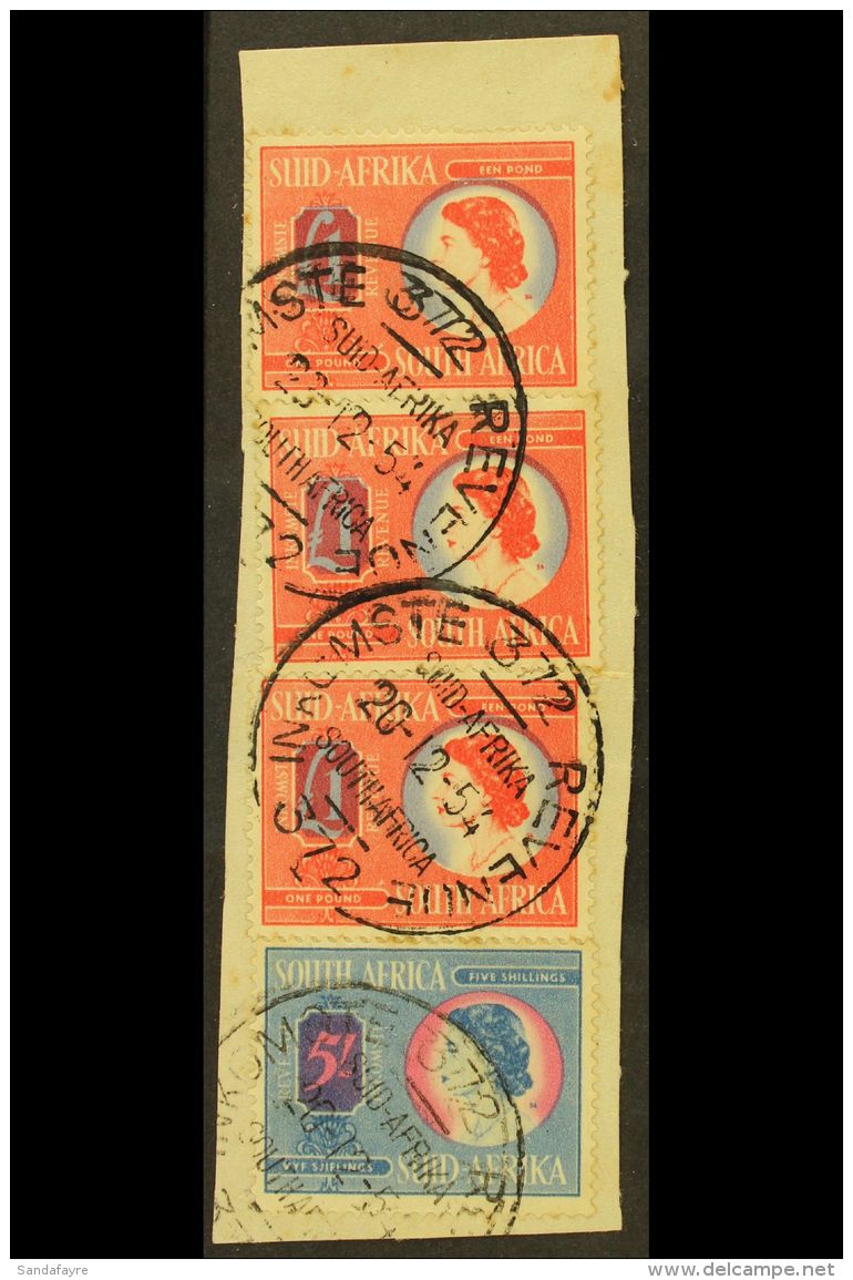 REVENUES 1954 QEII Type, &pound;1 Red &amp; Blue X3 On Piece With 5s Blue &amp; Red, Barefoot 87/8, Fine Used With... - Unclassified