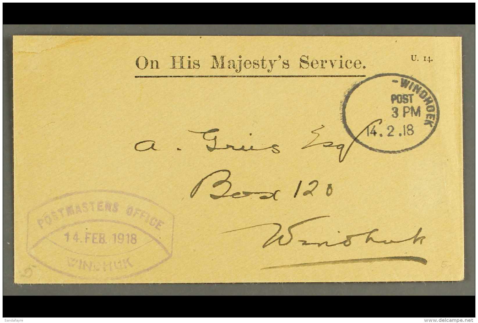 1918 (14 Feb) Printed OHMS Stampless Env To Windhuk Showing Very Fine "WINDHOEK" Cds Postmark, Putzel Type 10,... - South West Africa (1923-1990)