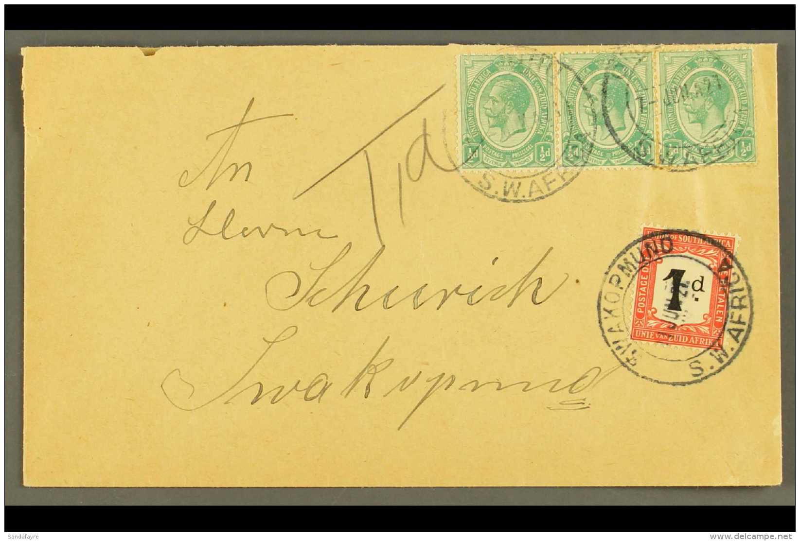 1921 (7 Jun) Env To Swakopmund Bearing &frac12;d Union Strip Of Three Tied By "OMARURU" Cds Cancels, Putzel Type... - Africa Del Sud-Ovest (1923-1990)