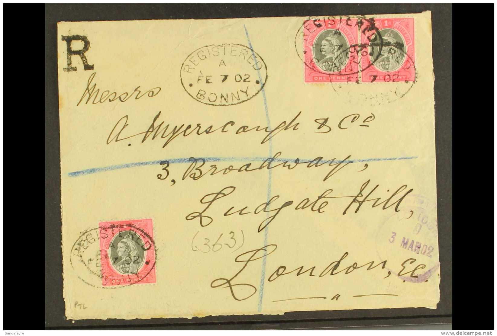 1902 Env Registered To London Bearing Three 1901-02 1d Stamps (SG 2) Tied By Oval "Registered Bonny" Cancels,... - Nigeria (...-1960)