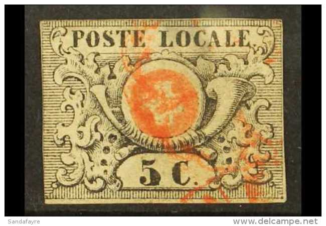 1850 5c Black &amp; Red POSTE LOCALE Geneva Transition Period (Michel 2, SG L2), Used, Thin, Margins Close Or Just... - Other & Unclassified