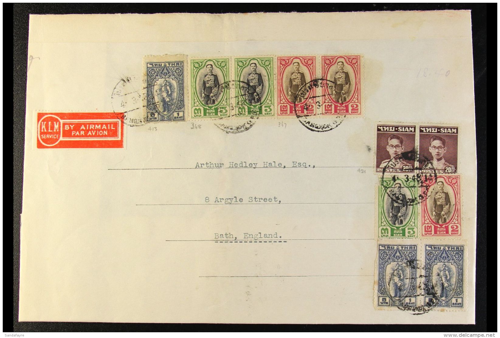 1948 Cover Front To Bath, England Bearing A KLM Airmail Service Label, 1928 Prajadhipok 2b X3, 3b X3, 1943-48... - Thailand