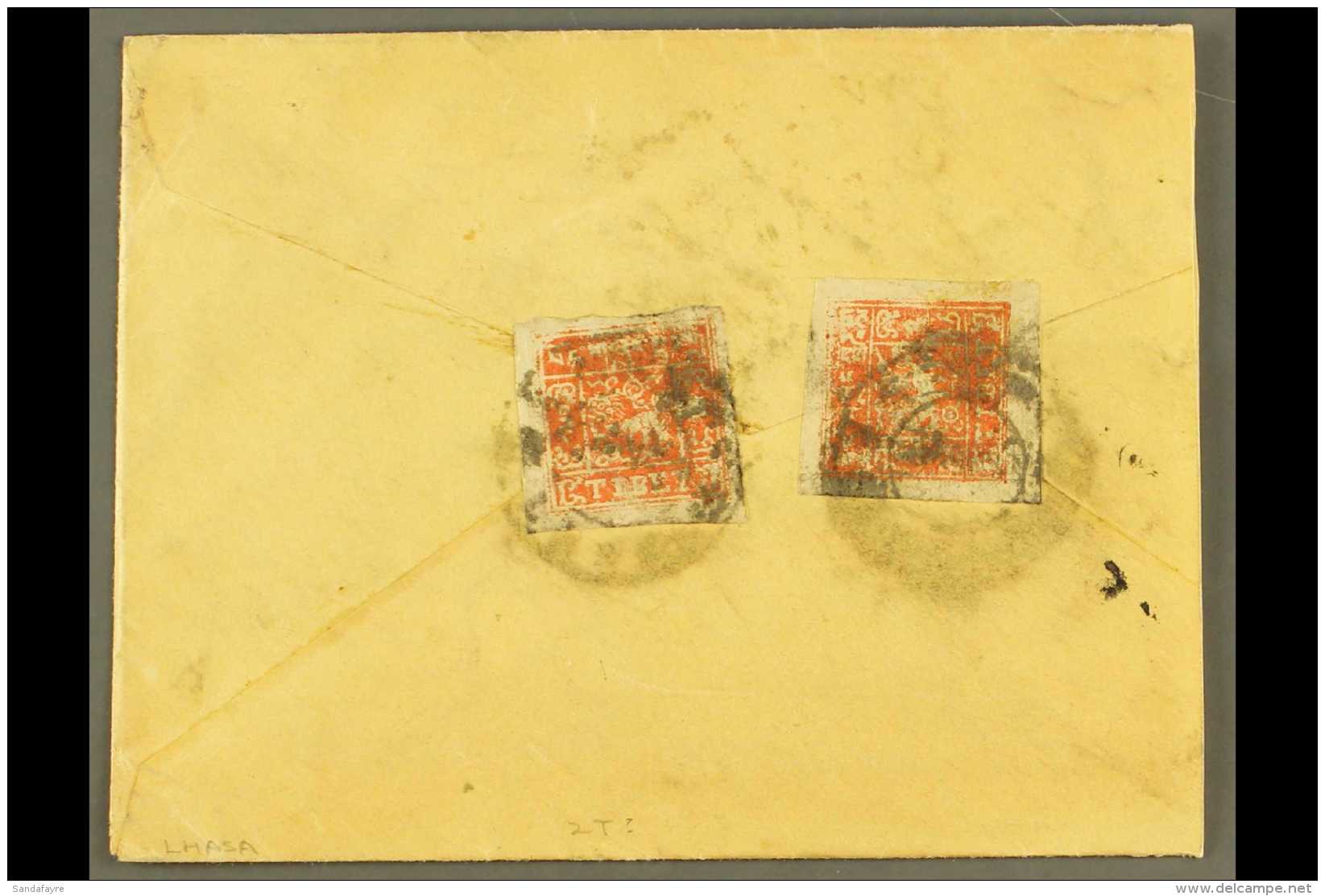 1933 2t Scarlets (SG 12B) Two Examples Tied To Envelope (slightly Reduced At Right) By Lhasa Circular Cancels. For... - Tibet