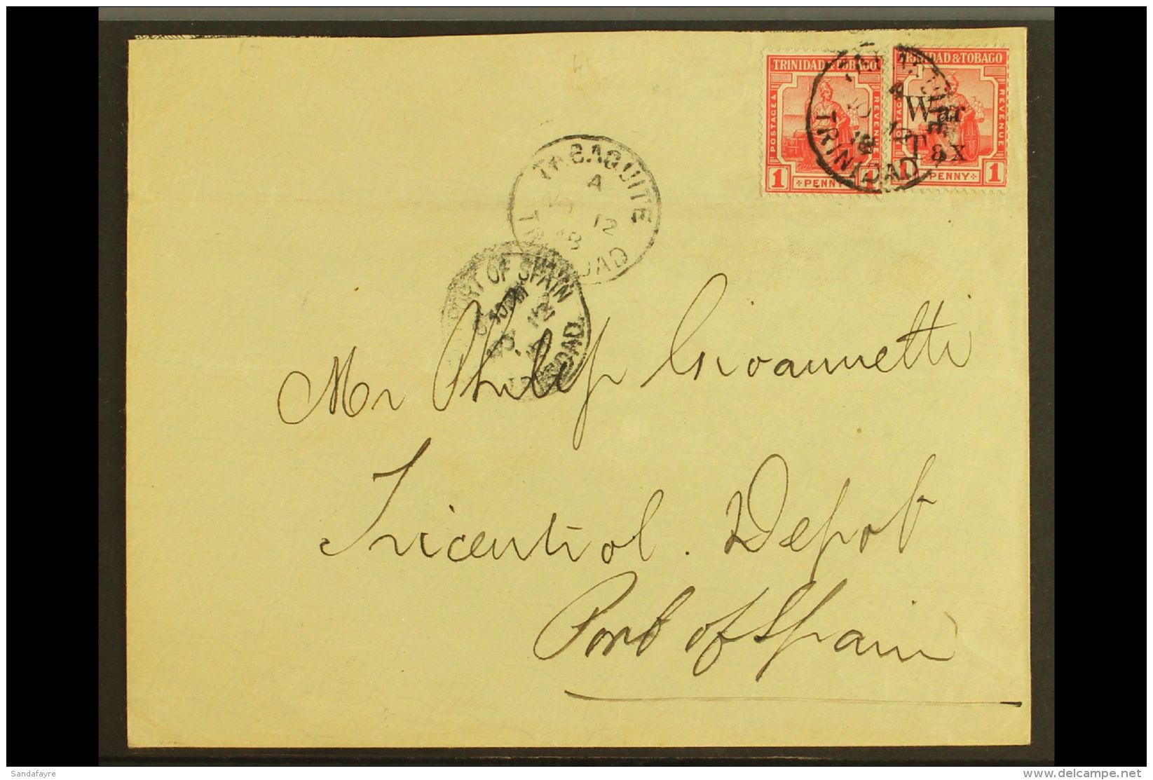 1918 (12 Nov) Cover To Port Of Spain, Bearing 1913-23 1d (SG 150) &amp; 1918 1d "War Tax" Opt (SG 189) Tied By... - Trinidad & Tobago (...-1961)