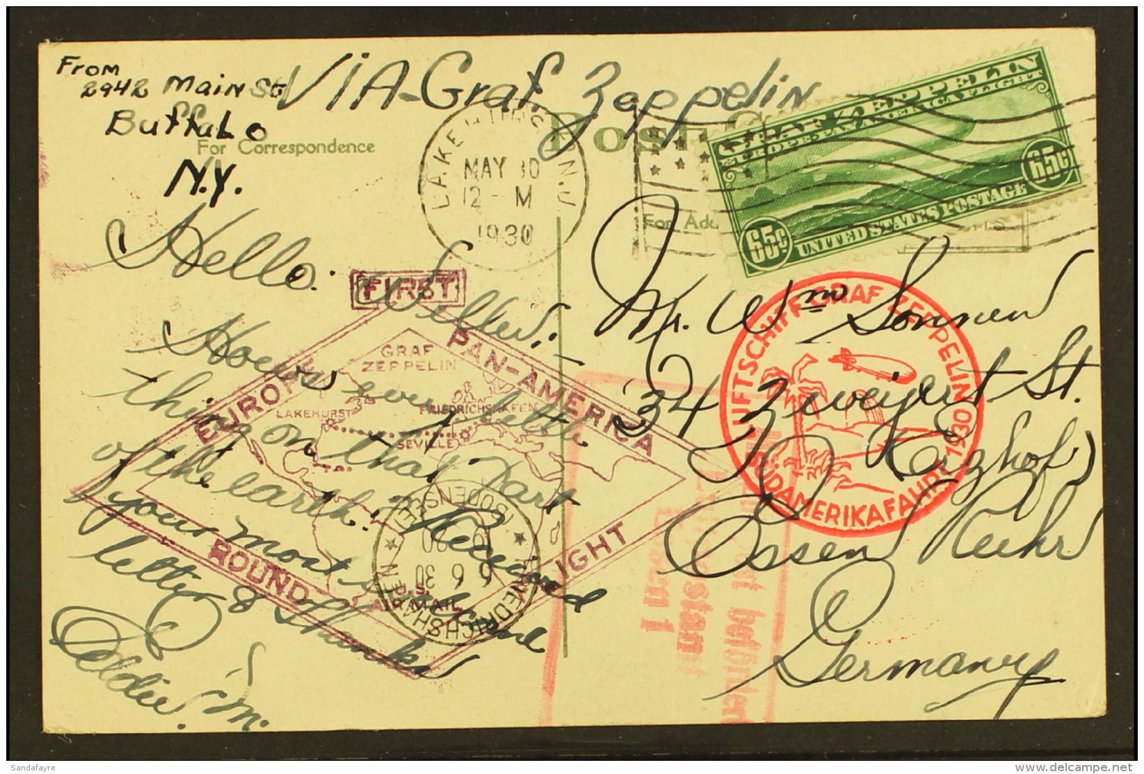 1930 (May 30) Picture Postcard Addressed To Germany Bearing AIR Graf Zeppelin 65c Green (Sc C13, SG A687) Tied By... - Other & Unclassified