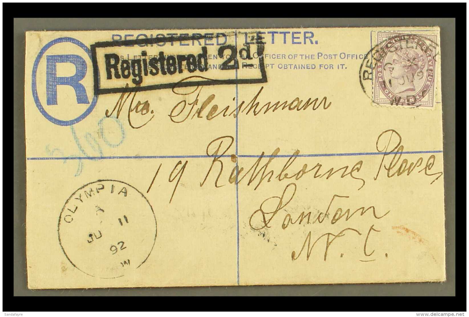 1892 FINE "OLYMPIA" SKELETON C.D.S. ON REGISTERED ENVELOPE (June) QV 2d Registered Envelope, Bearing 1d Lilac... - Other & Unclassified