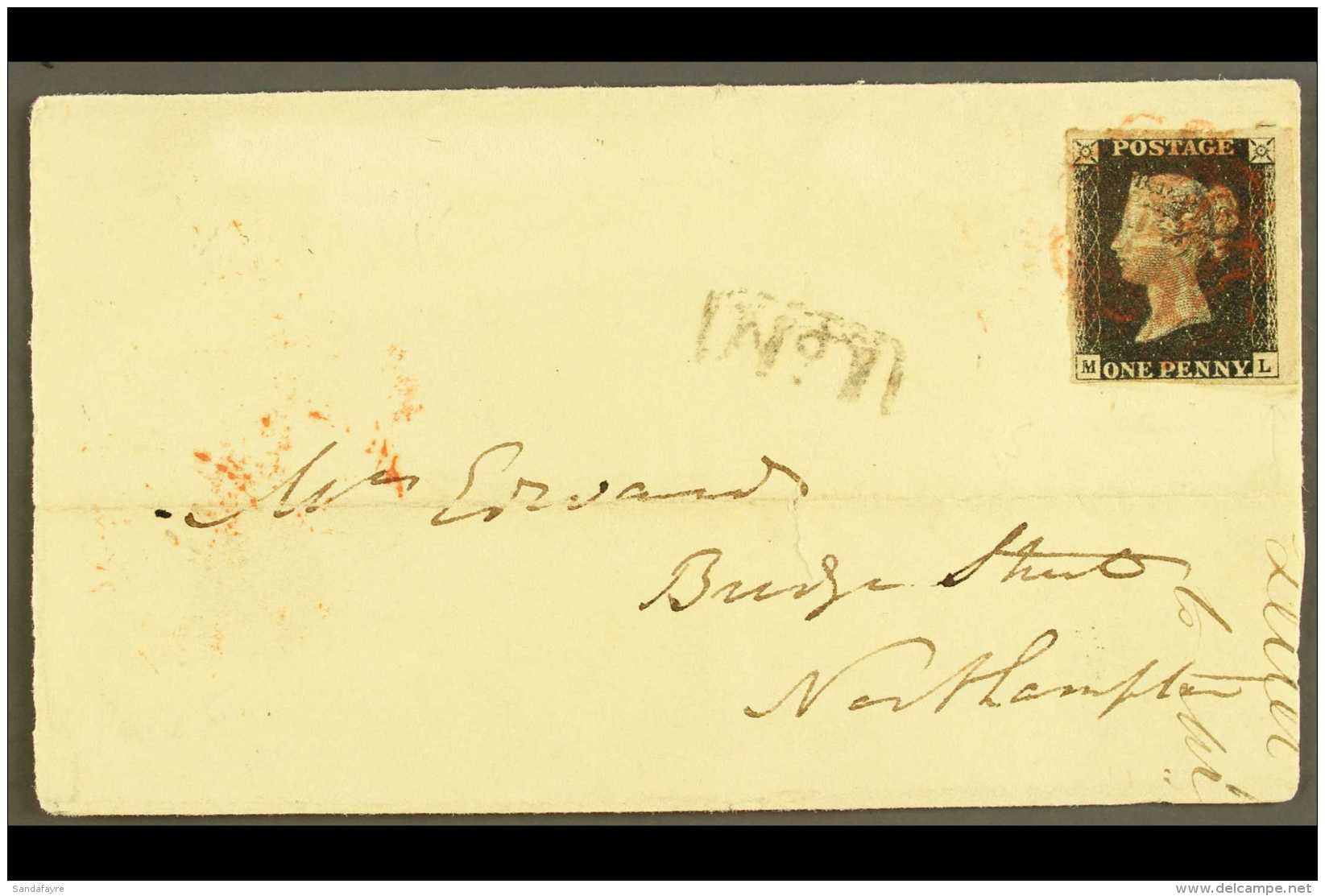 1840 (Sept) 1d Intense Black 'ML', Plate 5, SG 1, Four Good To Huge Margins, Tied By Red MC Pmk On Part Letter... - Unclassified