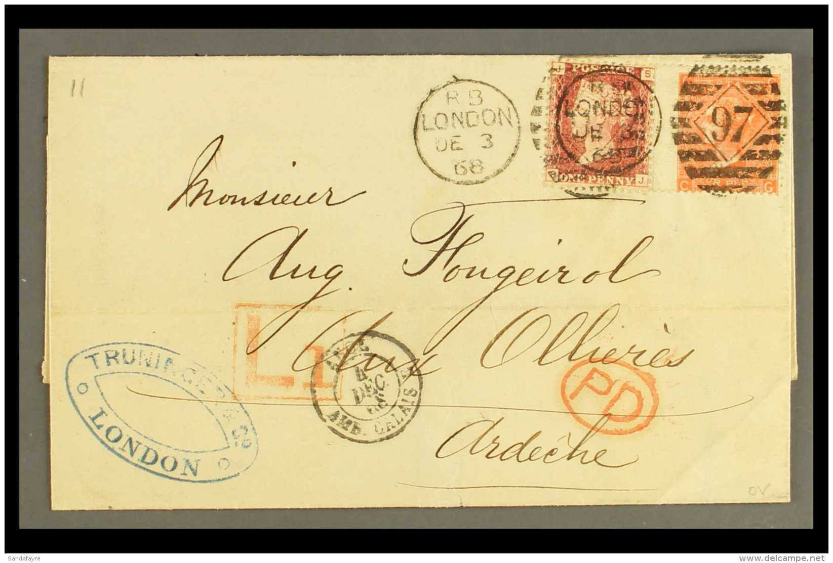 1868 4d Vermilion Plate 10 + 1d Red Plate Number On Clean Cover To France With Various Postal Markings. For More... - Other & Unclassified