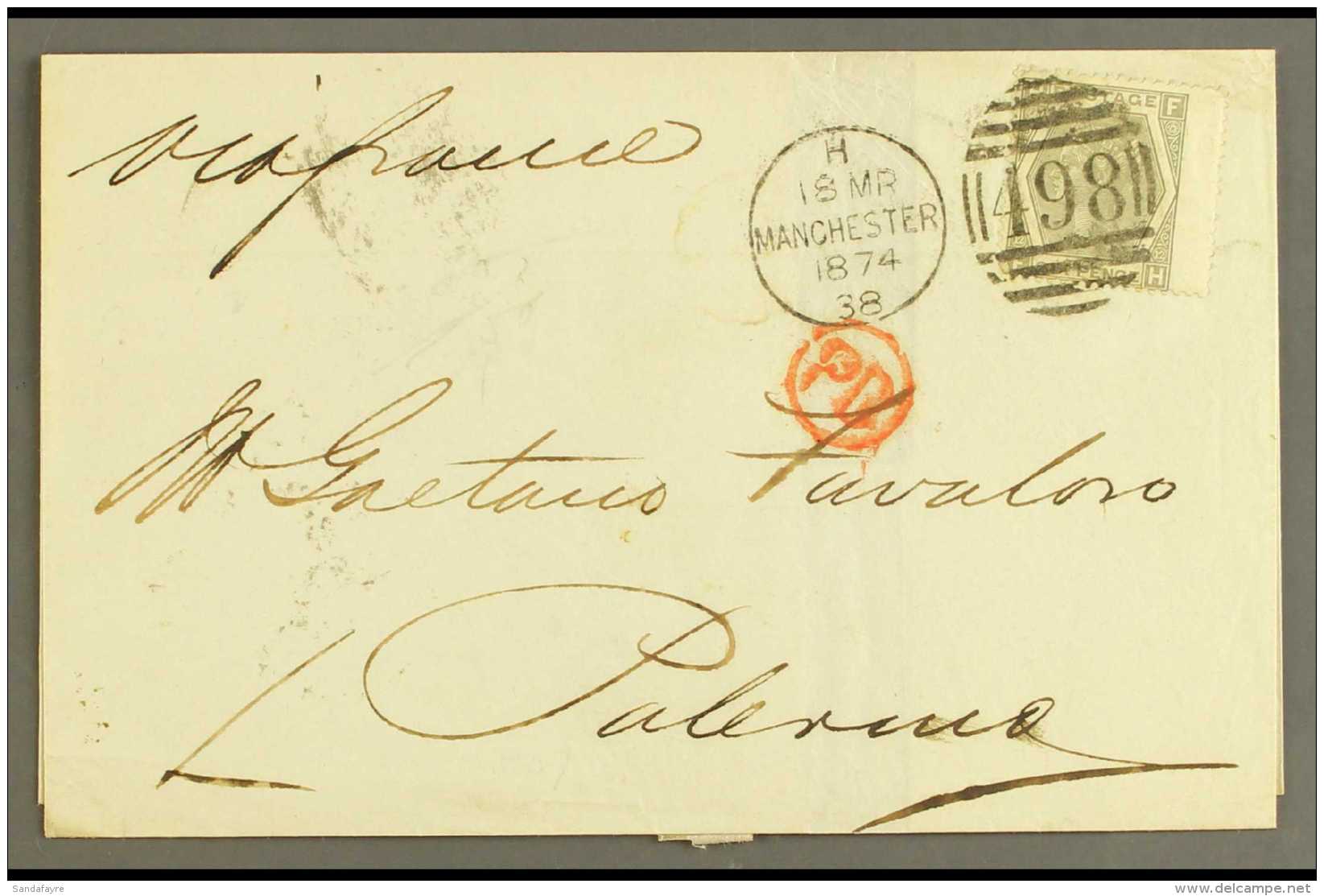 1873 6d Grey Plate 12, SG 125, On A 1874 (18 Mar) Letter Sheet To Palermo, Italy, Tied By A Fine Manchester Duplex... - Other & Unclassified