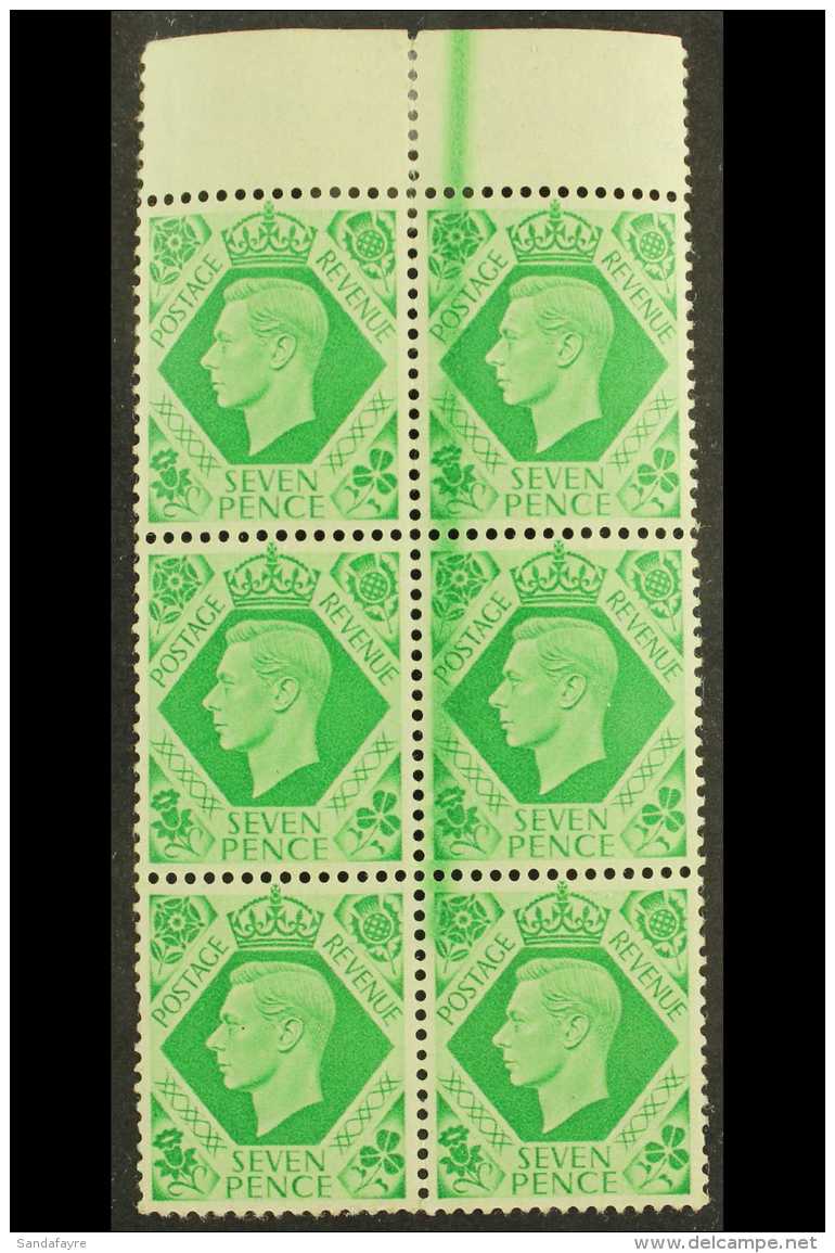 1937-47 7d Emerald-green, Block Of 6 With LARGE GREEN INK FLAW In Top Margin And Down Three Stamps, SG 471, Hinged... - Unclassified