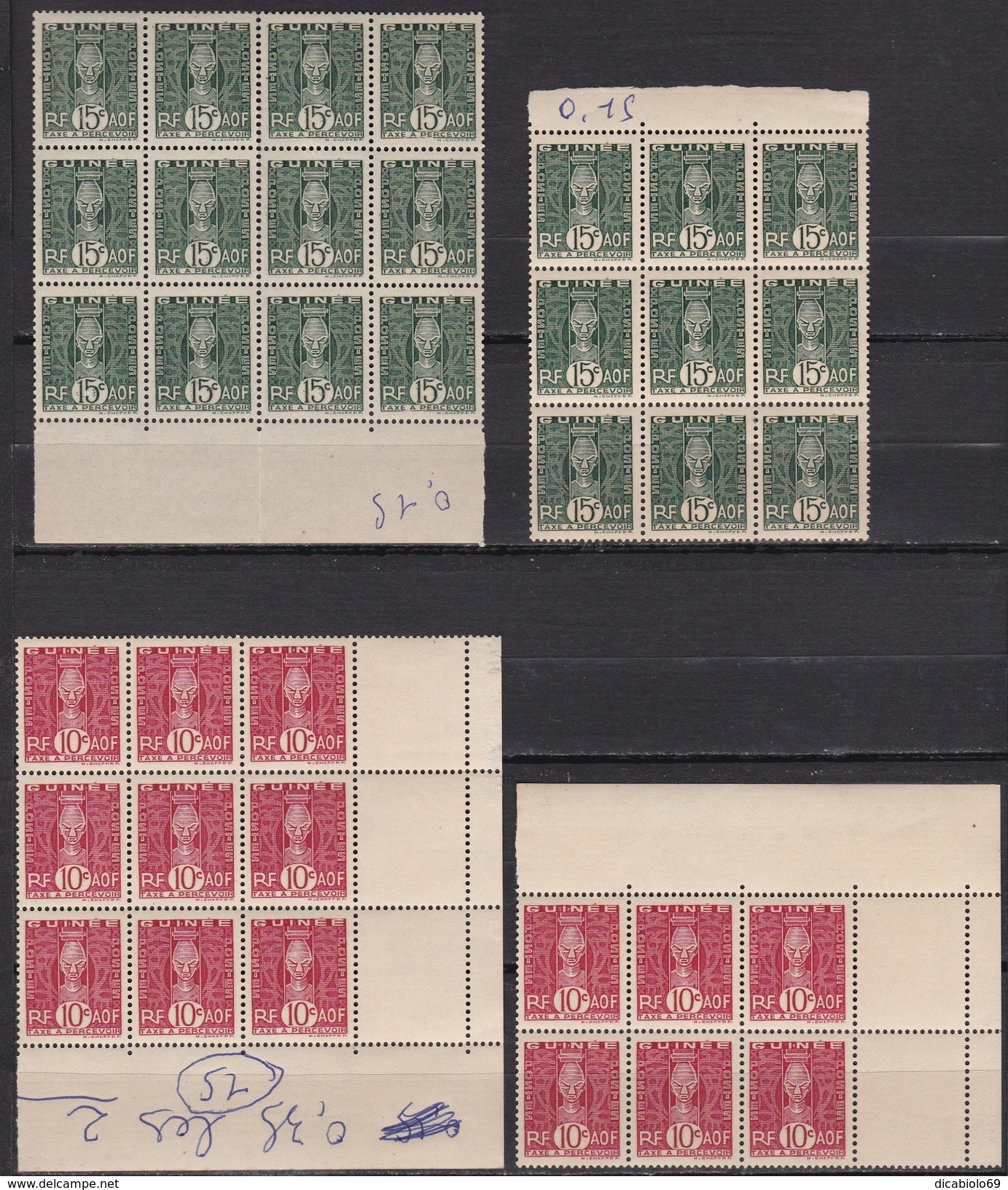 Guinée 1938 -Timbres Taxes N°27 à N°31 Neufs** En Blocs - Lot De 93 Timbres Luxe - Ungebraucht