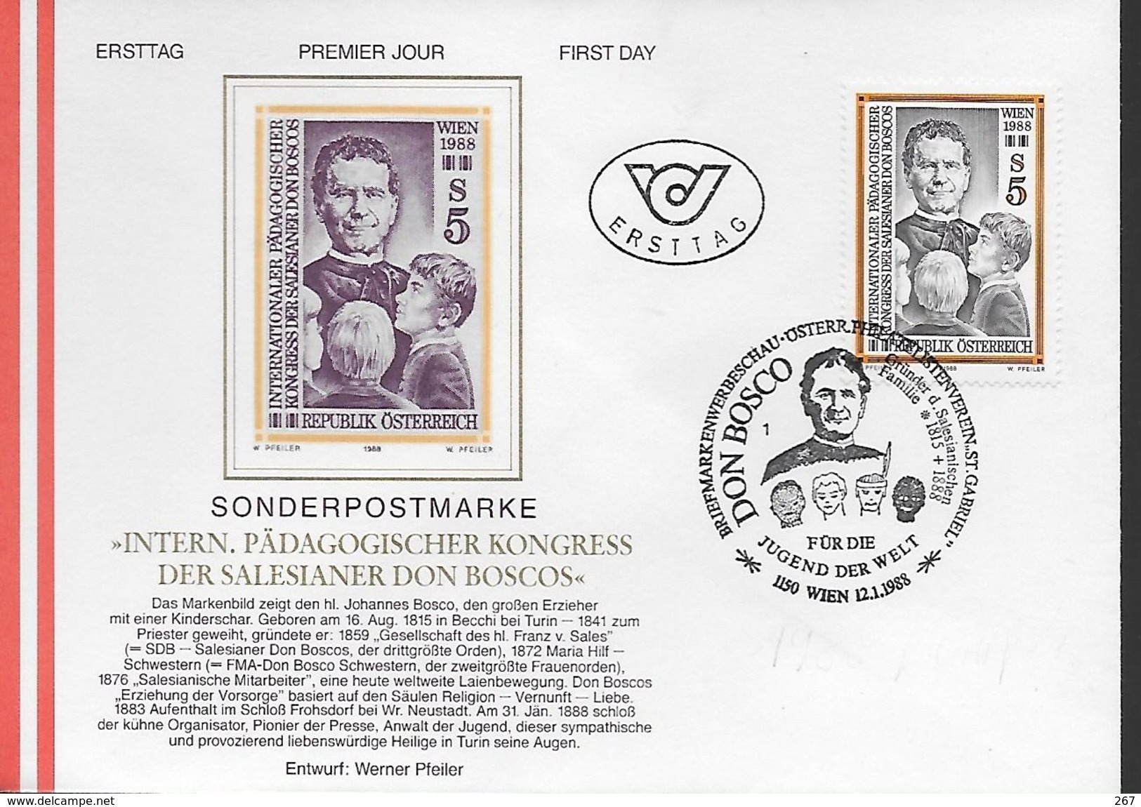 AUTRICHE  FDC 1988 Don Bosco Pretre - Christentum