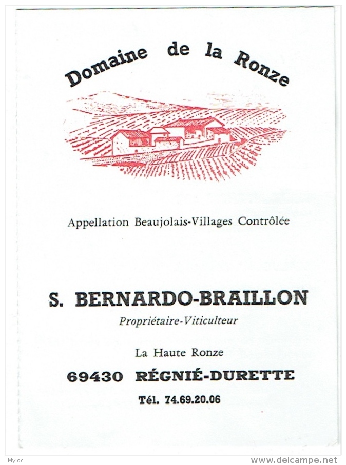 Vin : Beaujolais-Régnié. Domaine De La Ronze. Talon Publicité/Tarif 1987 - Lebensmittel