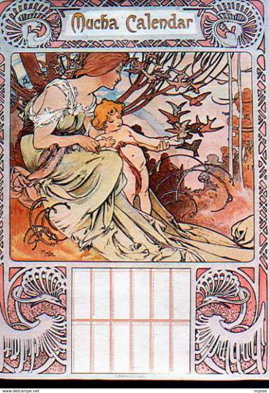 MUCHA  Calendar , Carte Moderne, Femme Elegante , Enfant, Oiseaux - Mucha, Alphonse