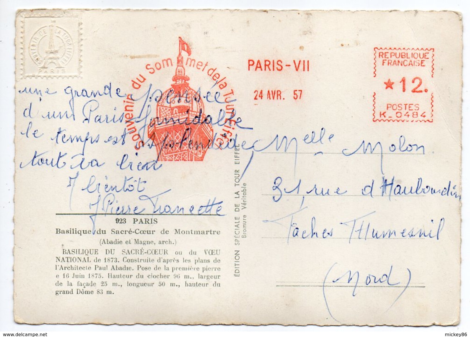 EMA--1957--"Souvenir Du Sommet De La Tour Eiffel"-PARIS VII--machine N° K 0484 -sur Cpsm Basilique Sacré-Coeur - EMA (Printer Machine)