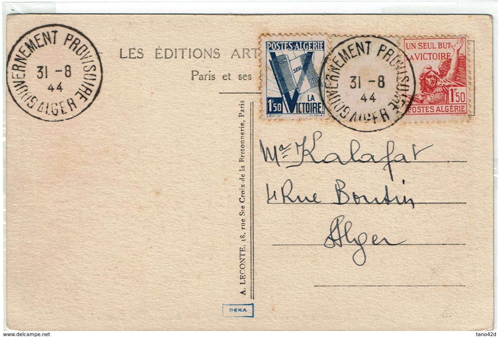 LCTN47/3 - ALGERIE - VICTOIRE X 2 SUR CPA OBL. GOUVERNEMENT PROVISOIRE ALGER 31/8/1944 - Storia Postale