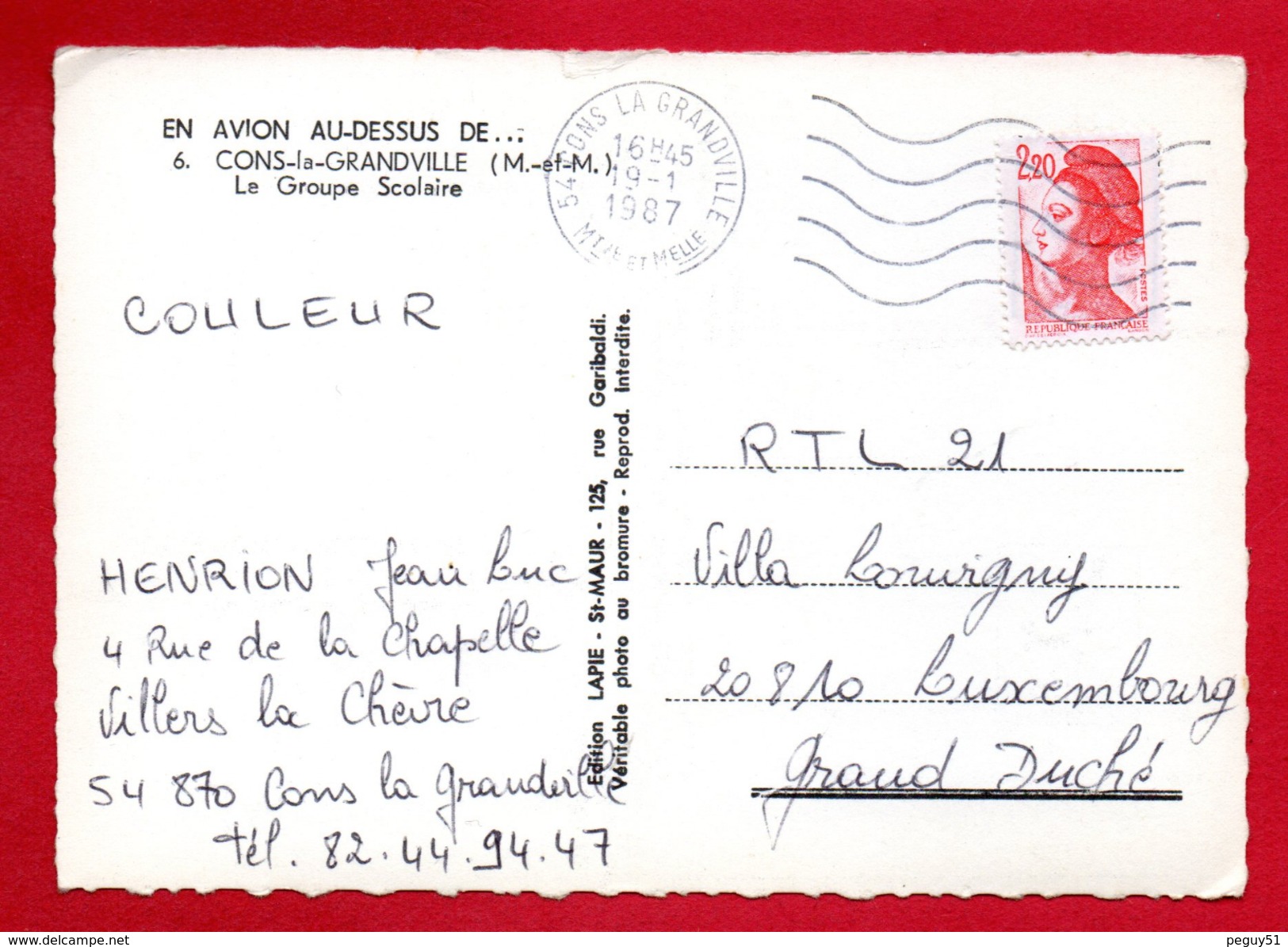 54. Cons-la -Grandville. Vue Aérienne: Le Groupe Scolaire Et La Mairie. 1987 - Autres & Non Classés