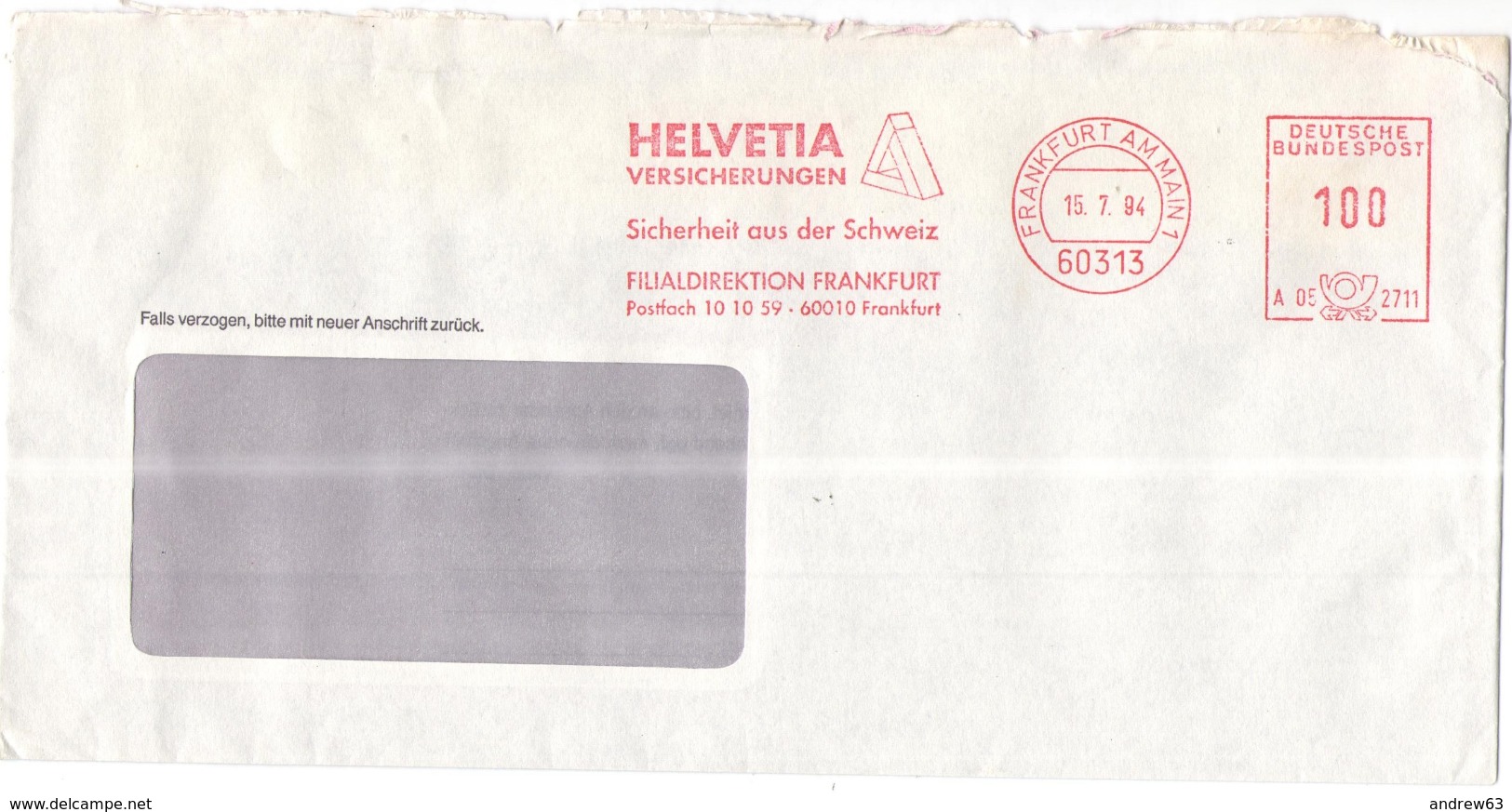 GERMANIA - GERMANY - Deutschland - ALLEMAGNE - BUNDESPOST - 1994 - 100 EMA, Red Cancel - Helvetia Versicherungen - Viagg - Maschinenstempel (EMA)