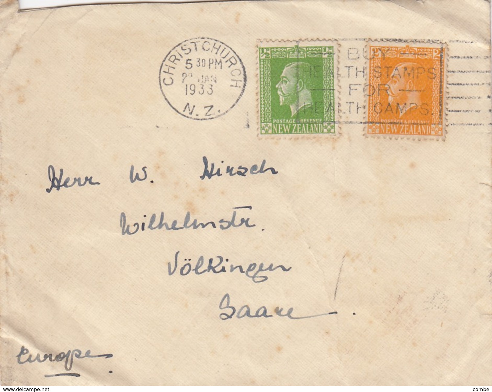 NEW-ZELAND.  2 1 1933.  COVER.  CHRISTCHURCH TO VÖLKLINGEN SAAR - Lettres & Documents