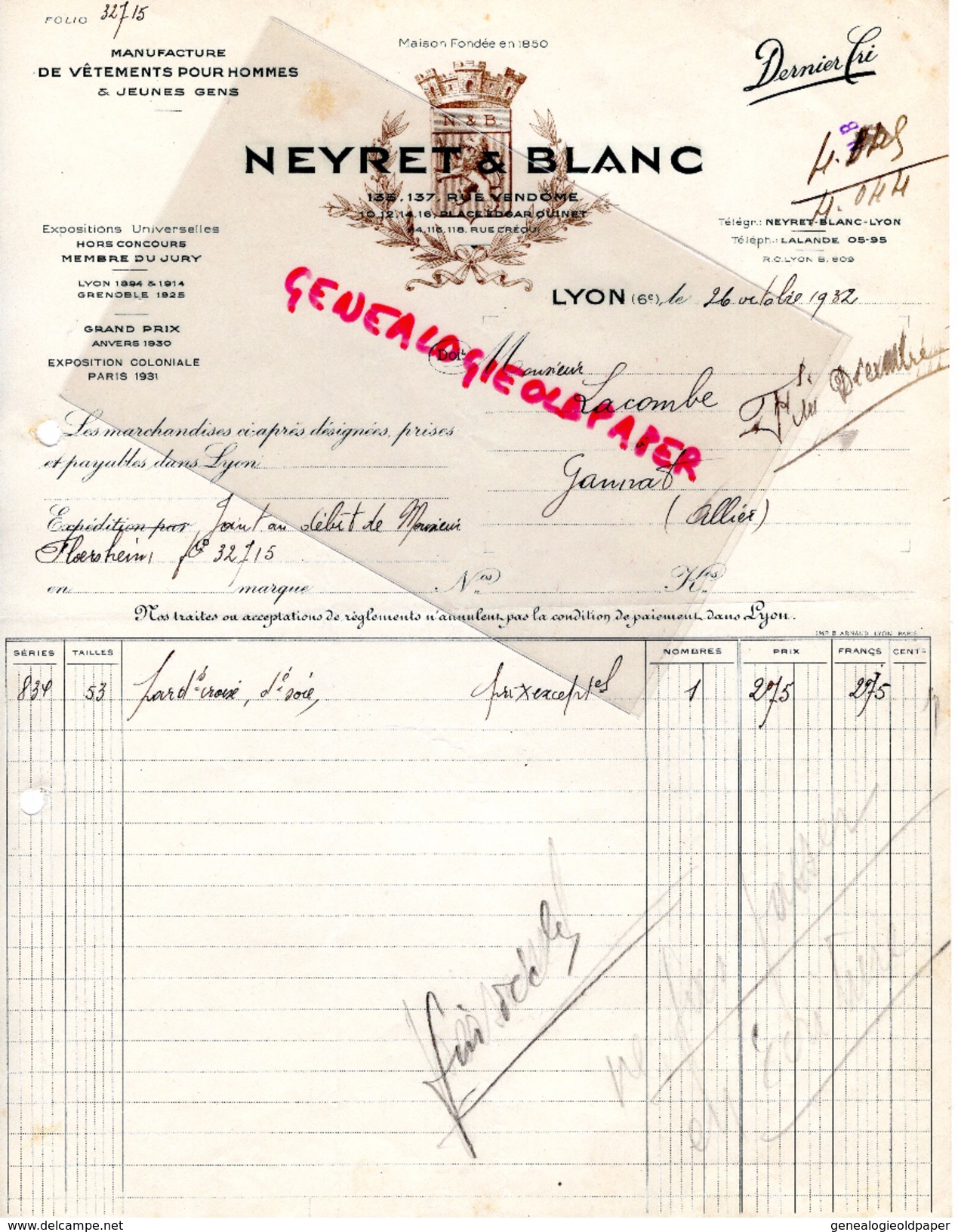 69 - LYON - BELLE FACTURE NEYRET & BLANC-MANUFACTURE VETEMENTS- 135 RUE VENDOME- 1932- A M. LACOMBE A GANNAT - 1900 – 1949