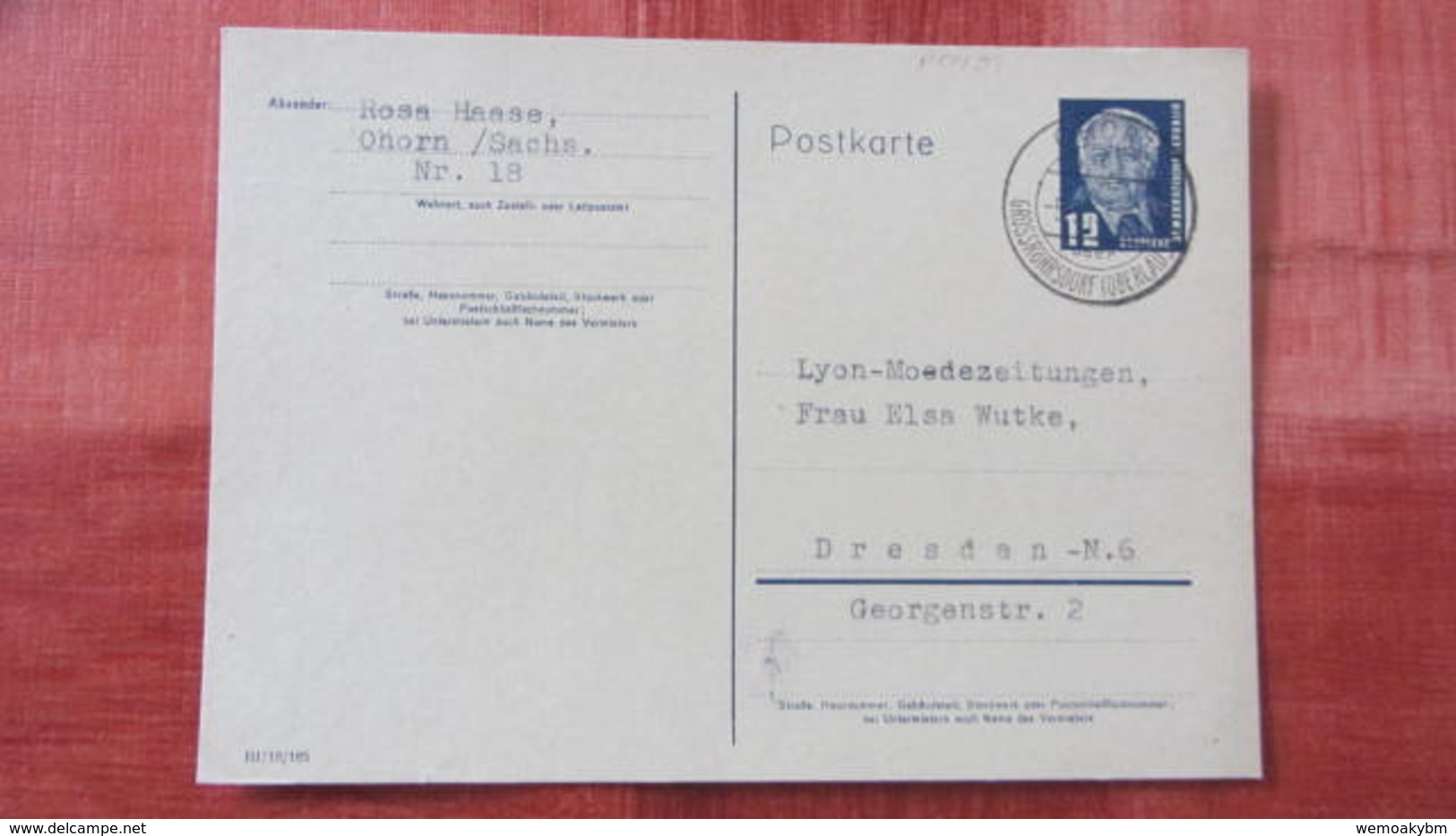 DDR Bis 64: GS-Postkarte Mit 12 Pfg Wilhelm Pieck Von OHORN über Großröhrsdorf (Oberlausitz) Vom 5.9.53 Knr: P 50/03 - Covers & Documents