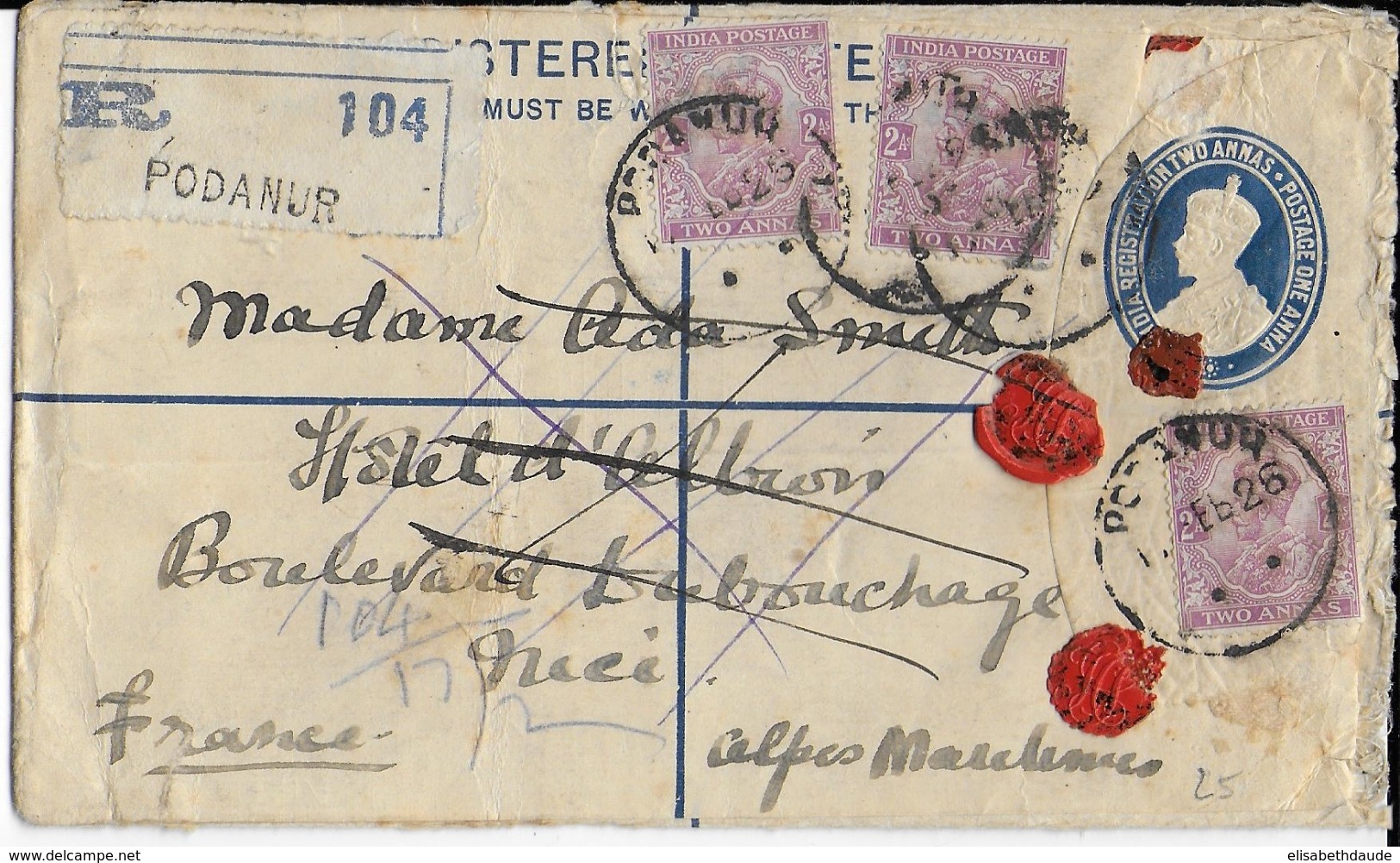 INDIA - 1926 - ENVELOPPE ENTIER POSTAL RECOMMANDEE De PODANUR => NICE - 1911-35 Roi Georges V