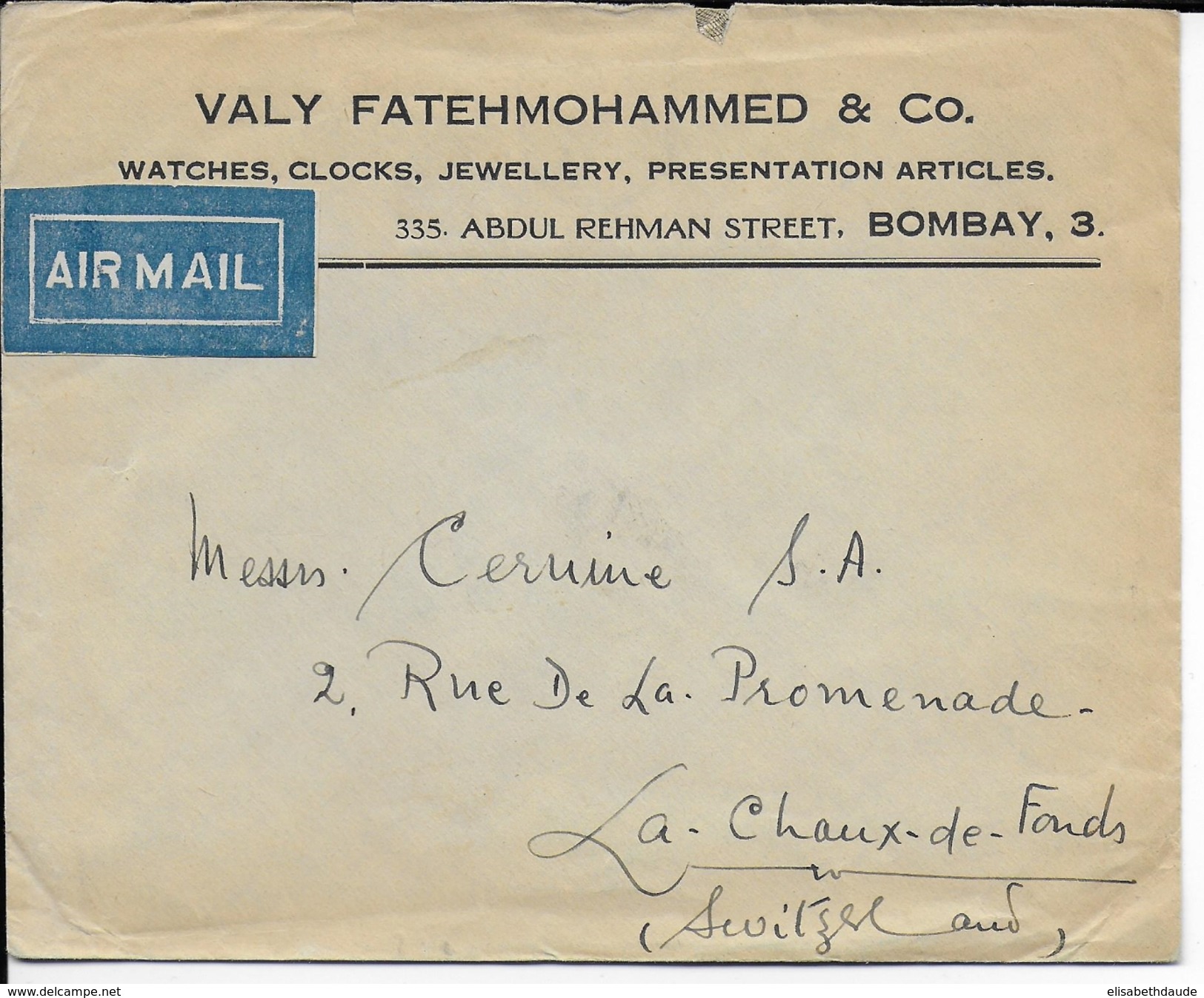 INDIA - 1932 - ENVELOPPE COMMERCIALE Par AVION De BOMBAY => LA CHAUX DE FONDS (SUISSE) - 1911-35 Roi Georges V