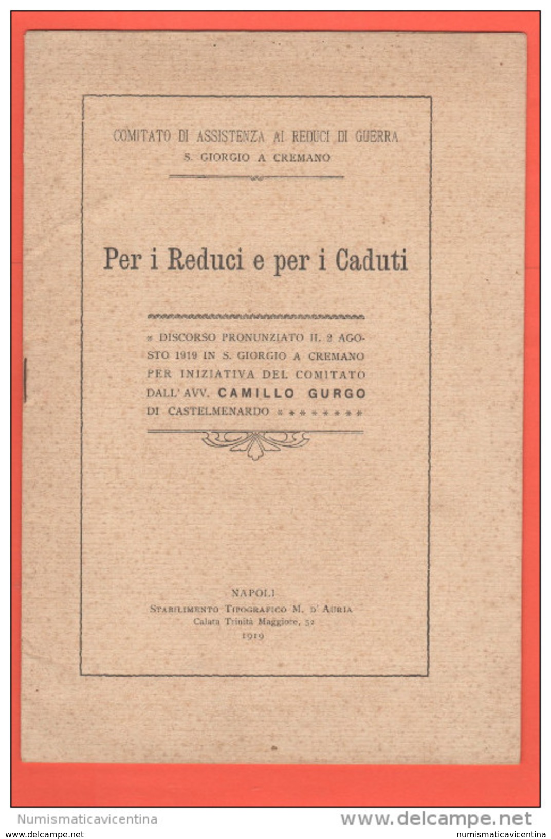 San Giorgio A Cremano NAPOLI Comitato Assistenza Reduci Di Guerra 1919 - Autres & Non Classés