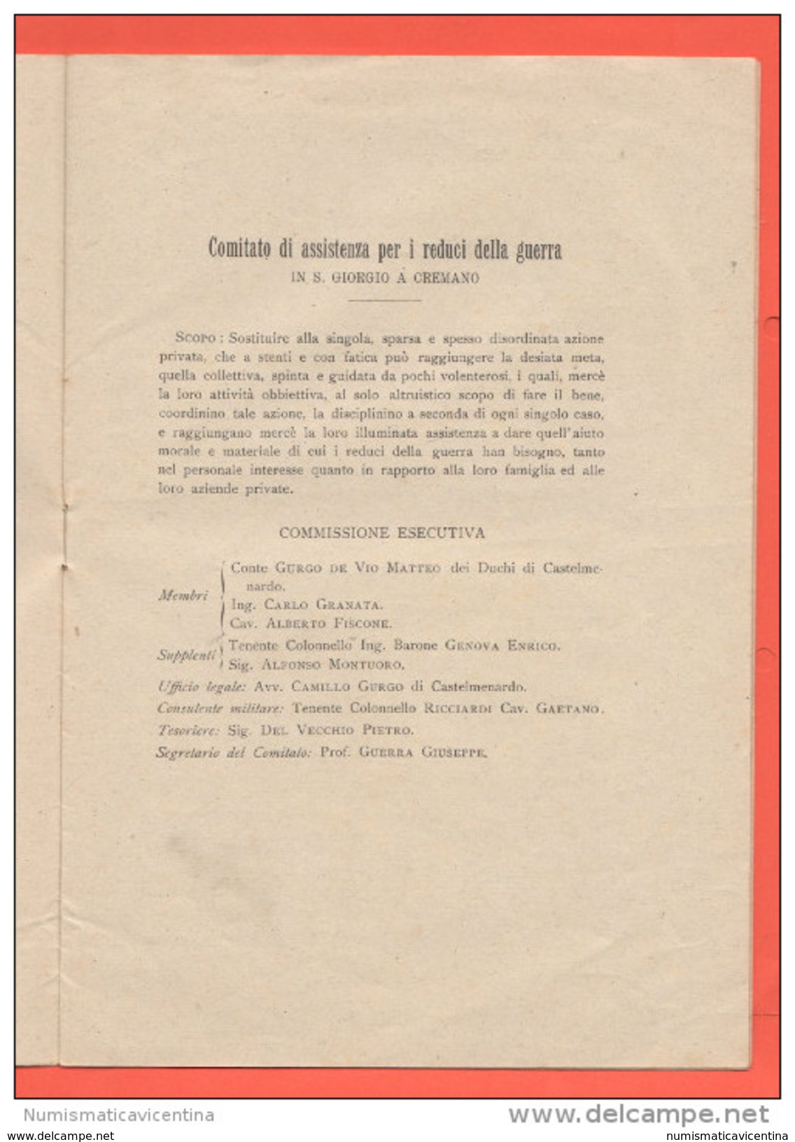 San Giorgio A Cremano NAPOLI Comitato Assistenza Reduci Di Guerra 1919 - Autres & Non Classés