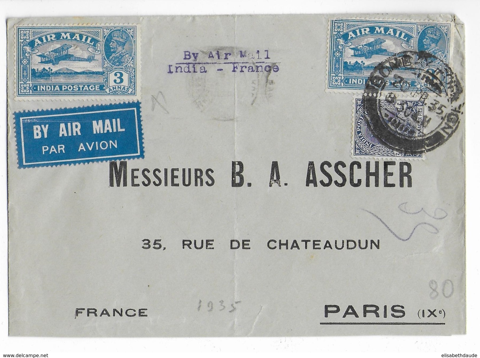 INDIA - 1935 - ENVELOPPE AIRMAIL De BOMBAY => PARIS - 1911-35 Roi Georges V